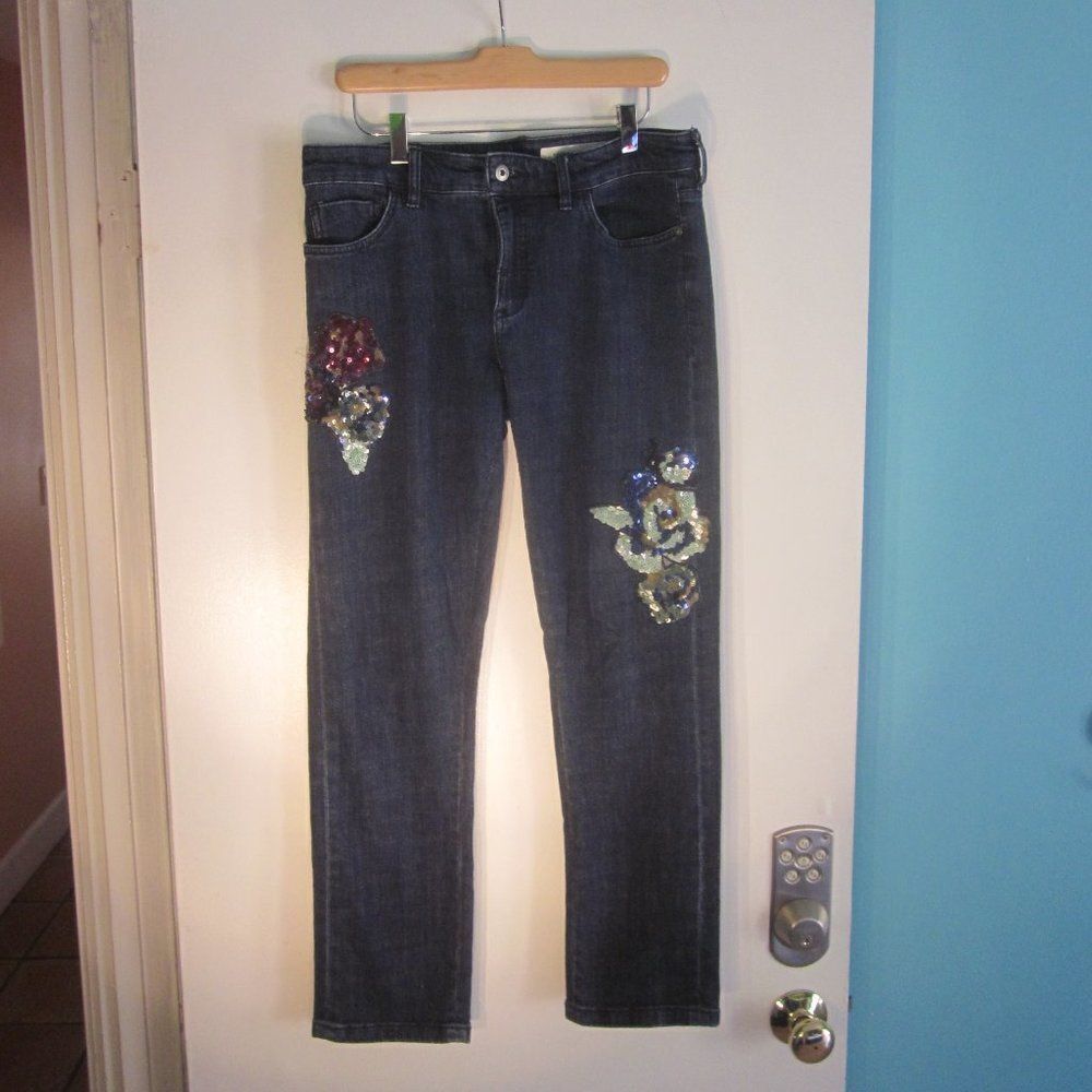 Anthropologie Pilcro Floral Sequin BOHO Slim Boyfriend Jeans Blue Denim Size 28